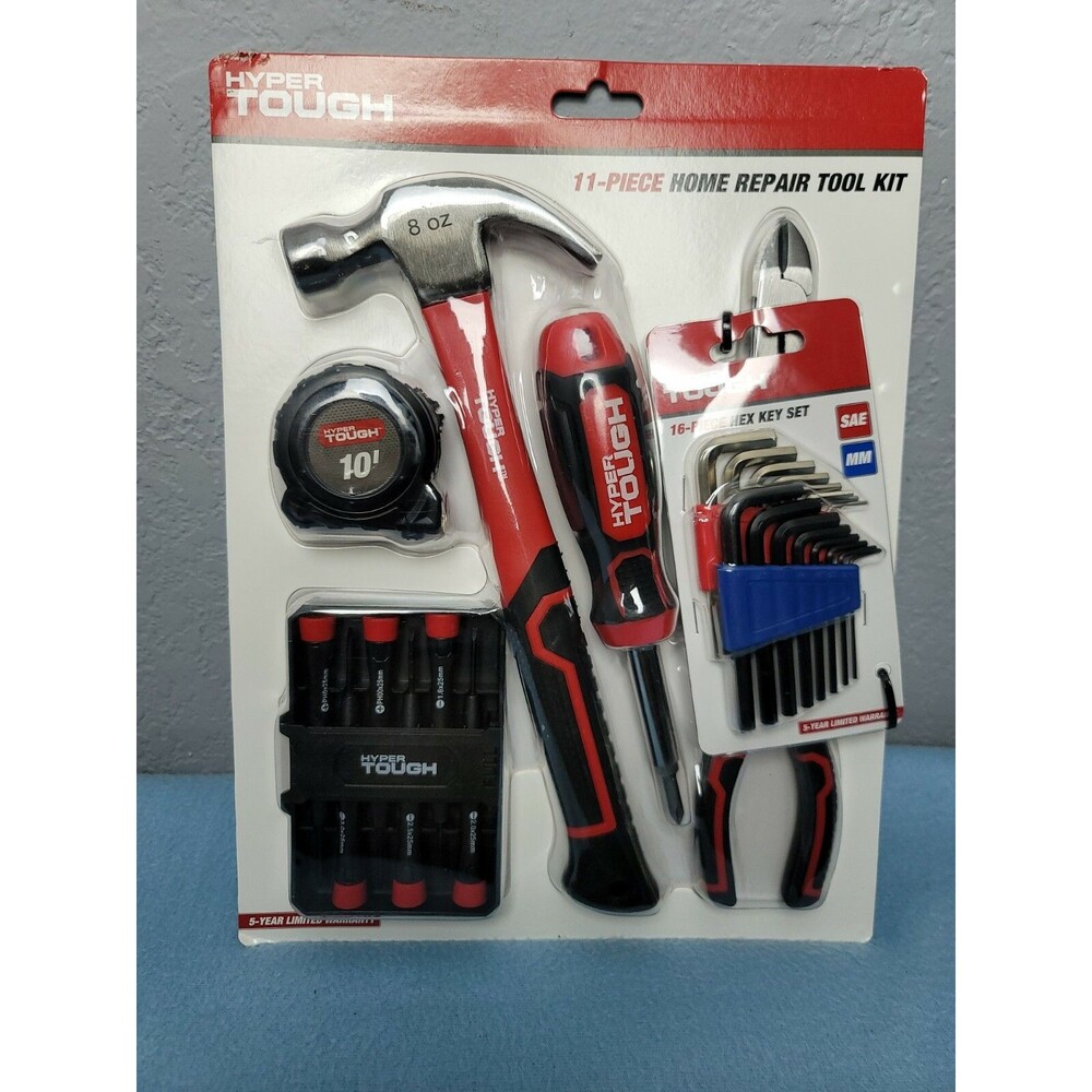 Hyper Tough 11-Piece Home Repair Tool Kit New Hammer Tape Measure Pliers Hex Key